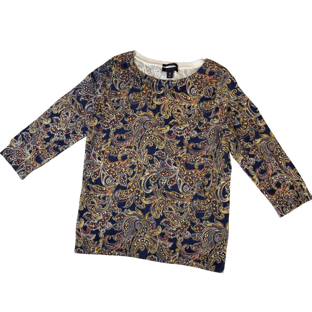 Lands End Womens XS Navy Paisley Supima Cotton 3/4 Sleeve Crew Neck Sweater 939